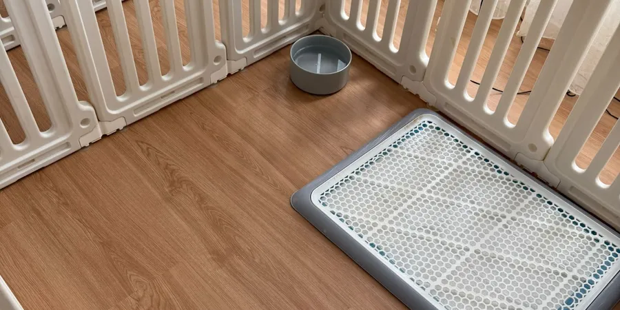 Small room: a white-fenced pen with wood floor, water bowl and pee tray